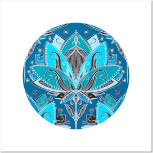 Art Deco Lotus Rising - black, teal & turquoise pattern Posters and Art